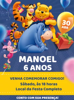 Convite de Aniversário Ursinho Pooh e Turma para Editar Online