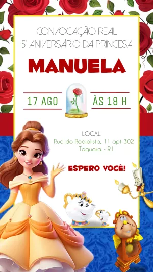 Convite de Aniversário A Bela e a Fera para Editar Online