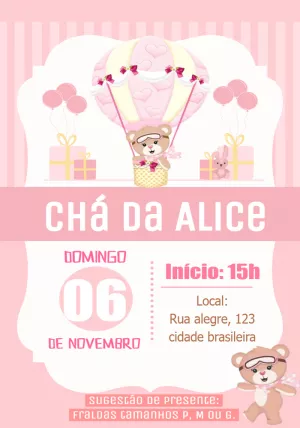 Convite Chá de Bebê Ursinha Baloeira para Editar Online
