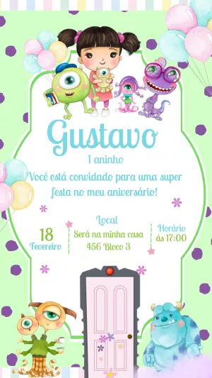 Convite Aniversário Monstros S.A. com Personagens para Editar