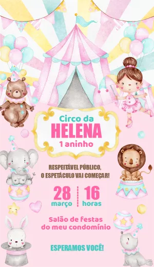 Convite Aniversário Circo Rosa com Animais para Editar Online