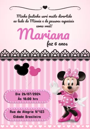 Convite Aniversário Minnie Mouse Rosa para Editar Online