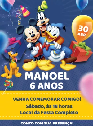 Convite Aniversário Turma do Mickey para Editar Online