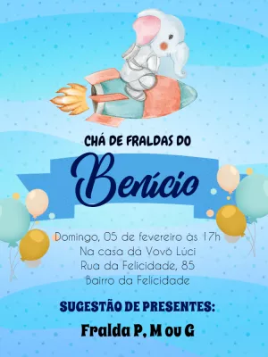 Convite Chá de Fraldas Elefante no Foguete para Editar