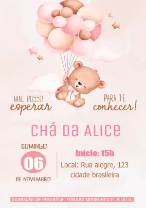 Convite Chá de Bebê Ursinha Baloeira para Editar Online