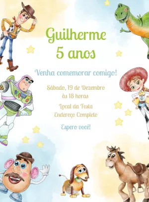 Convite Aniversário Toy Story Aquarela para Editar Online