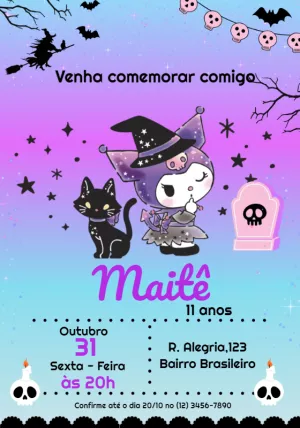 Convite Aniversário Kuromi Halloween para Editar Online