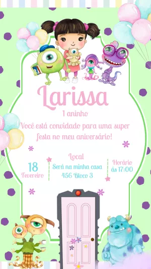 Convite de Aniversário Monstros S.A. com Personagens para Editar
