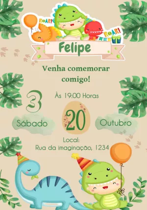 Convite de Aniversário Dinossauro Baby Fofo para Editar Online