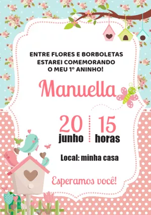 Convite Aniversário Jardim Encantado com Passarinhos para Editar