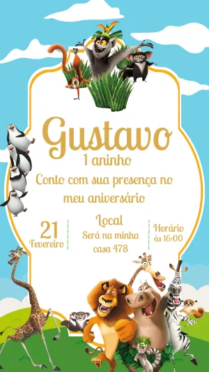 Convite de Aniversário Madagascar com Personagens para Editar