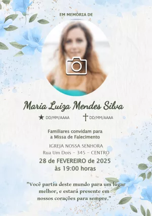 Convite Missa de Falecimento Floral com Foto para Editar Online
