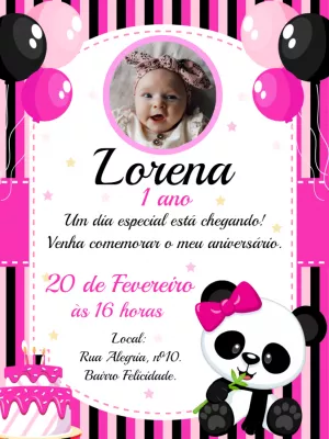 Convite de Aniversário Panda com Foto para Editar Online