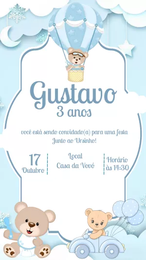 Convite Aniversário Ursinho Baloeiro para Editar Online