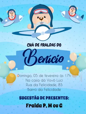 Convite Chá de Fraldas Ursinho Aviador para Editar Online