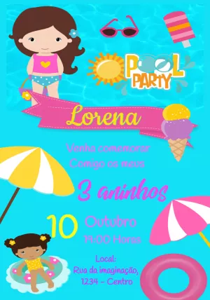 Convite Aniversário Pool Party Menina para Editar Online