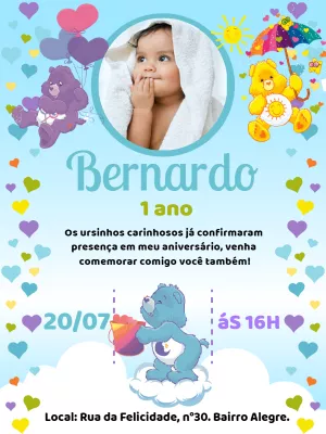 Convite Aniversário Ursinhos Carinhosos com Foto para Editar
