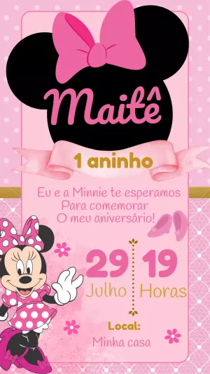 Convite Aniversário Minnie Rosa para Editar Online