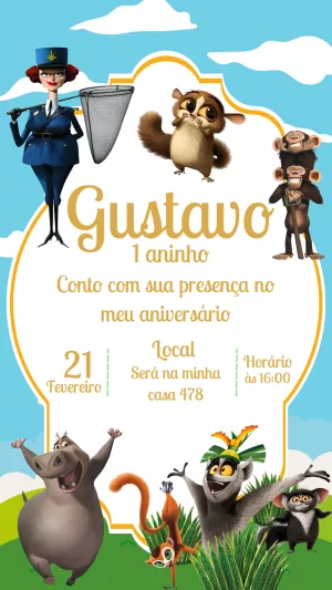 Convite de Aniversário Madagascar com Personagens para Editar