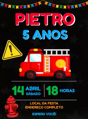 Convite Aniversário Bombeiros com Caminhão para Editar Online