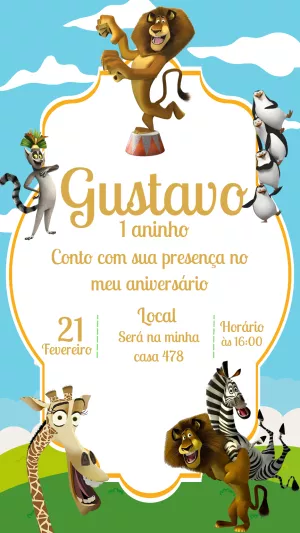 Convite de Aniversário Madagascar com Personagens para Editar