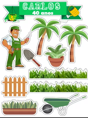 Topo de Bolo Jardineiro Editável para Aniversário