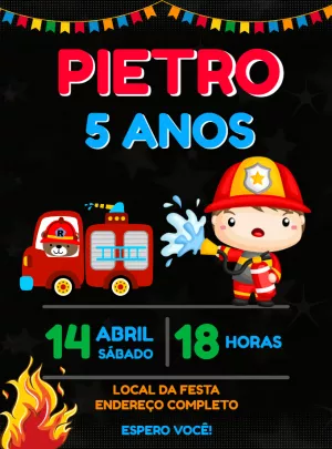 Convite de Aniversário Bombeiro com Caminhão para Editar Online