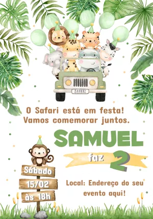 Convite Aniversário Safari com Animais para Editar Online