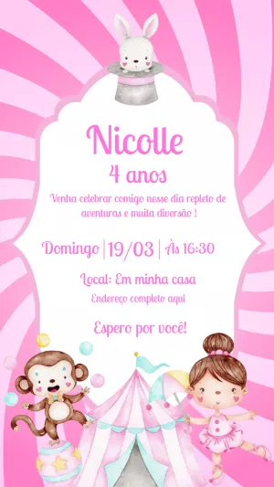 Convite de Aniversário Circo Rosa com Animais para Editar Online