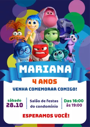 Convite Aniversário Divertida Mente 2 com Personagens para Editar