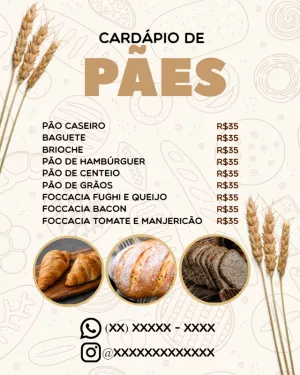 Cardápio de Pães Rústico com Trigo para Editar Online