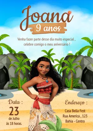 Convite de Aniversário Moana com Personagem para Editar Online