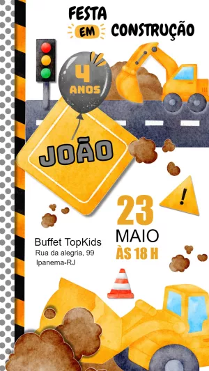 Convite de Aniversário Construção com Trator para Editar Online