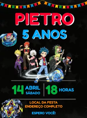 Convite de Aniversário Beyblade com Personagens para Editar