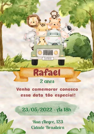 Convite Aniversário Safari com Animais Fofos para Editar Online