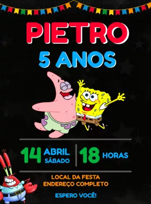 Convite Aniversário Bob Esponja e Amigos para Editar Online
