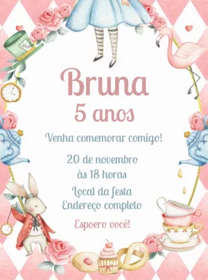 Convite Aniversário Alice no País das Maravilhas para Editar
