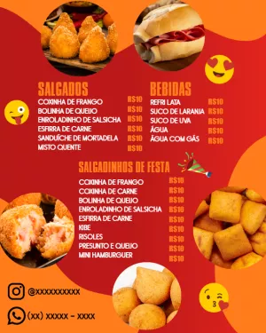 Cardápio de Salgados e Bebidas com Fotos para Editar Online