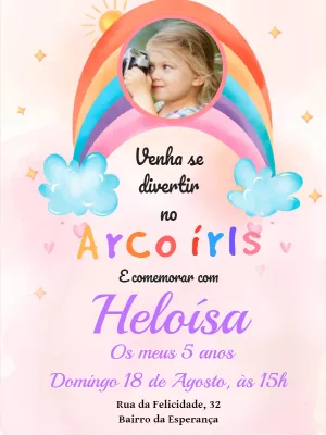 Convite Aniversário Arco-íris Aquarela com Foto para Editar