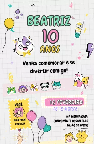 Convite de Aniversário Kawaii com Animais Fofos para Editar