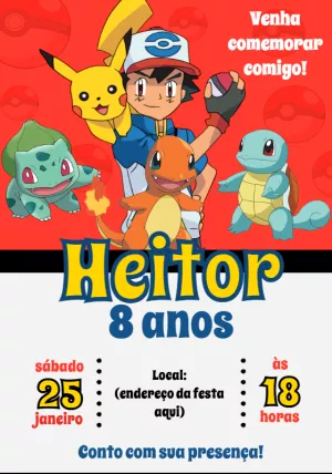 Convite de Aniversário Pokémon com Personagens para Editar