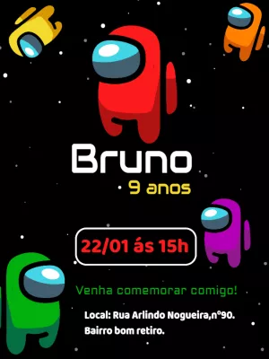 Convite de Aniversário Among Us com Personagens para Editar