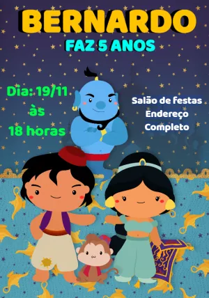 Convite de Aniversário Aladdin e Jasmine para Editar Online