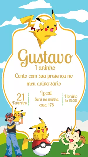 Convite de Aniversário Pokémon com Pikachu para Editar Online