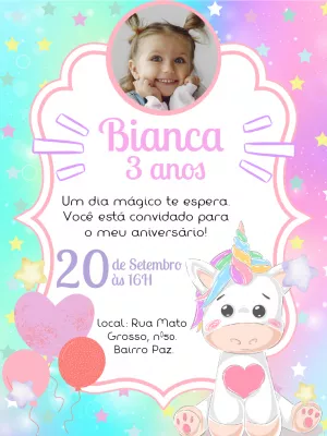Convite Aniversário Unicórnio com Foto para Editar Online