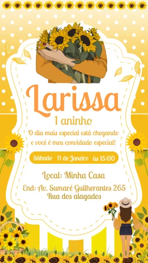 Convite de Aniversário Girassol para Editar Online