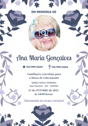 Convite Missa de Falecimento Floral com Foto para Editar Online