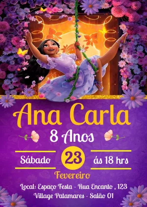 Convite Aniversário Encanto Isabela Floral para Editar Online