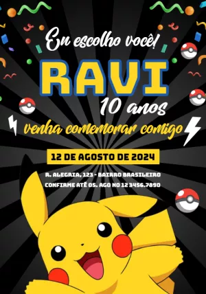 Convite de Aniversário Pokémon Pikachu para Editar Online