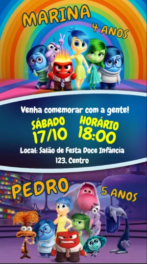 Convite Aniversário Duplo Divertida Mente para Editar Online